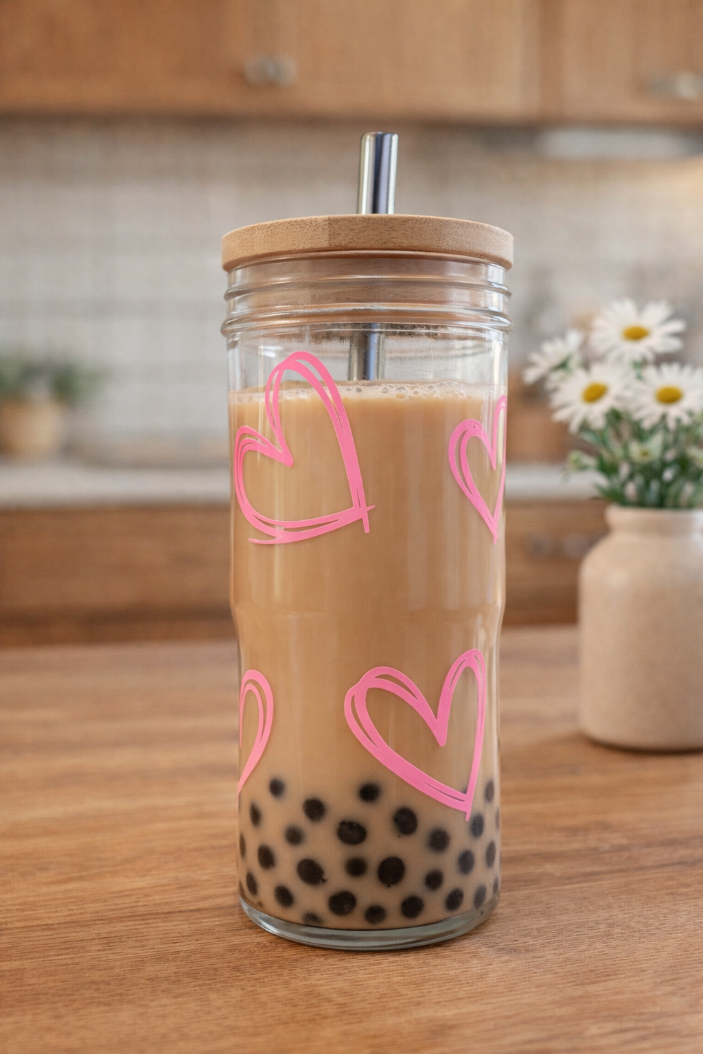 Sklenička na bubble tea - růžové  srdce