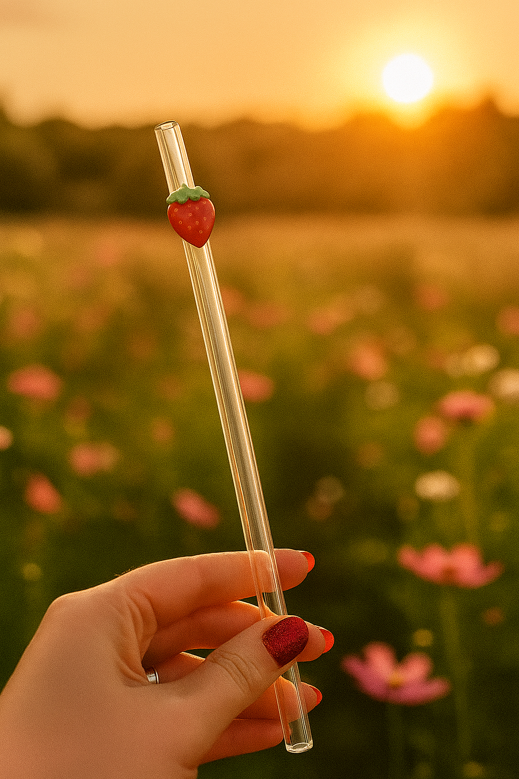 Skleněné brčko - červená jahoda